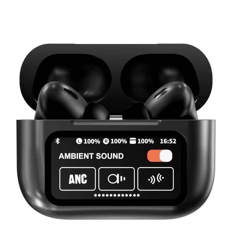Black A9 Pro ANC Bluetooth 5.4 Wireless Earbuds with Smart Screen and Active Noise Cancellation - Image 2