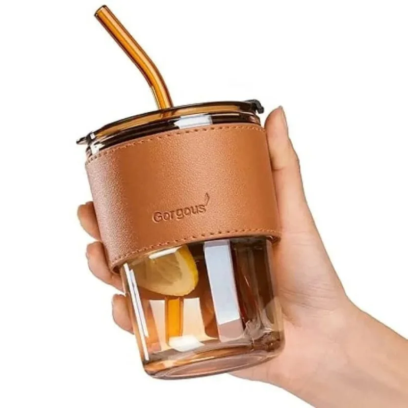 Bamboo Joint Glass Cup with Lid & Straw | 13oz Can-Shaped Tumbler with Leather Sleeve - Image 6