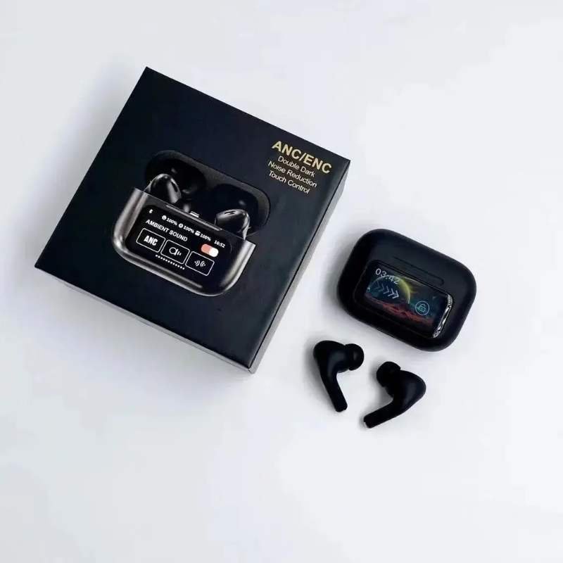 Black A9 Pro ANC Bluetooth 5.4 Wireless Earbuds with Smart Screen and Active Noise Cancellation - Image 3