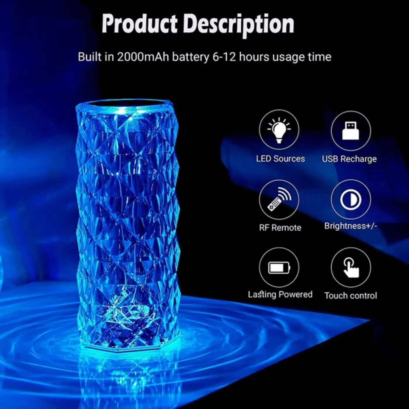 16 Colors Diamond Rose Crystal Touch Lamp | USB Rechargeable Bedside Lamp with Remote - Image 5