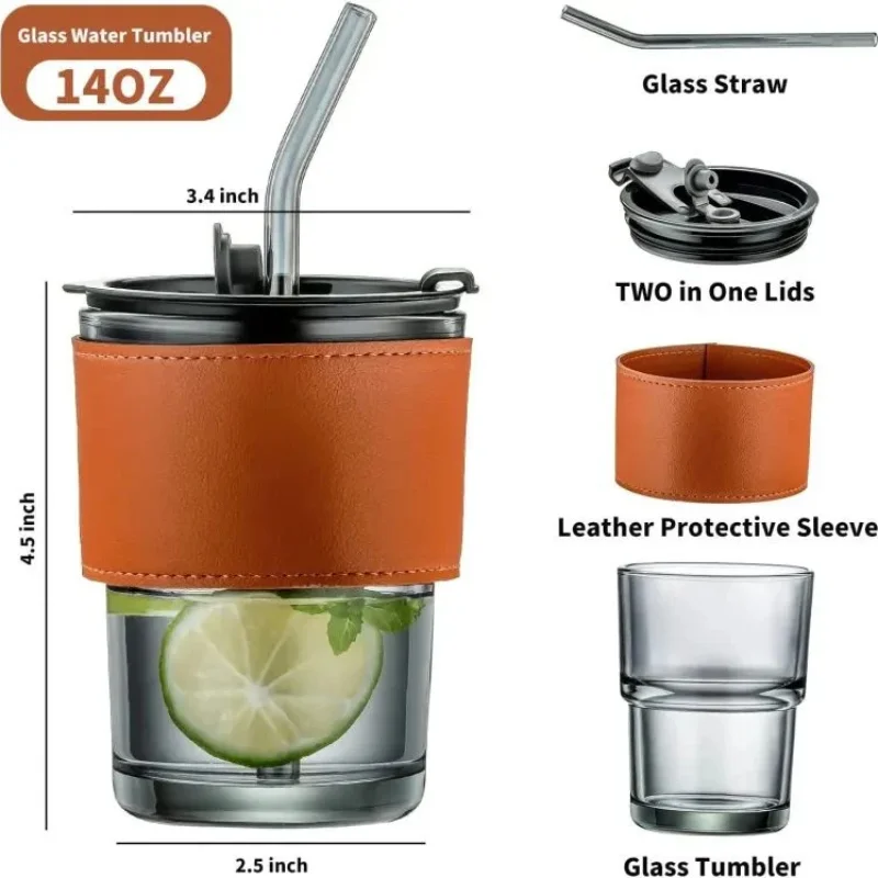 Bamboo Joint Glass Cup with Lid & Straw | 13oz Can-Shaped Tumbler with Leather Sleeve - Image 4