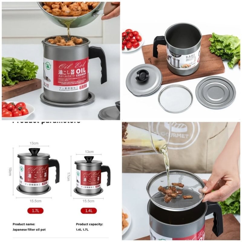 1.4L Fryer Oil Filter Pot Carbon Steel Jug with Stainless Steel Strainer Lid - Image 5