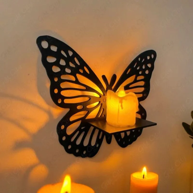 Wooden Butterfly Wall Shelf | Laser Cut MDF Wall Art Decor | Decorative Floating Shelf & Candle Holder | pack of 3 - Image 2