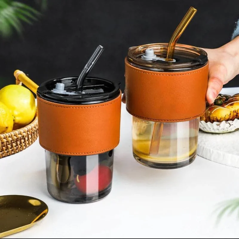 Bamboo Joint Glass Cup with Lid & Straw | 13oz Can-Shaped Tumbler with Leather Sleeve