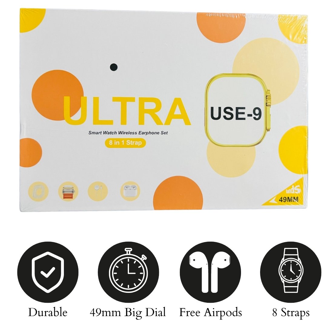 Smart Watch Ultra U.S.E | 9-in-1 Fitness Tracker with Heart Rate Monitor, Sleep Tracker & Free AirPods | High-Resolution Touchscreen, Water-Resistant & Bluetooth 5.0