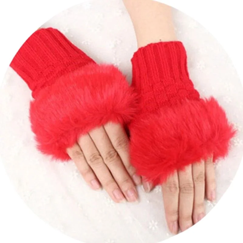 Women’s Faux Fur Fingerless Knitted Gloves | Warm Winter Hand Wrist Warmers | Soft, Stylish & Comfortable | Red - Image 2