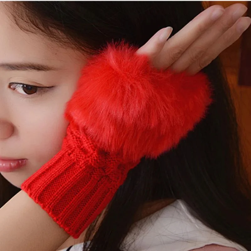 Women’s Faux Fur Fingerless Knitted Gloves | Warm Winter Hand Wrist Warmers | Soft, Stylish & Comfortable | Red - Image 4