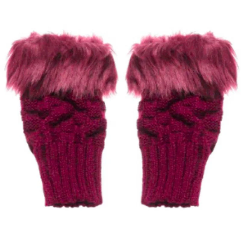Women’s Faux Fur Fingerless Knitted Gloves | Warm Winter Hand Wrist Warmers | Soft, Stylish & Comfortable | Maroon - Image 3