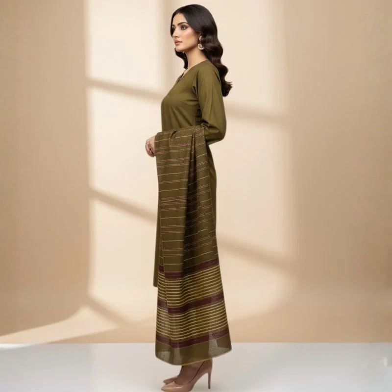 Winter Sussi Silk 3-Piece Suit for Women | Unstitched Plain Shirt & Trouser | Heavy Winter Sussi Shawl | Olive Green - Image 3