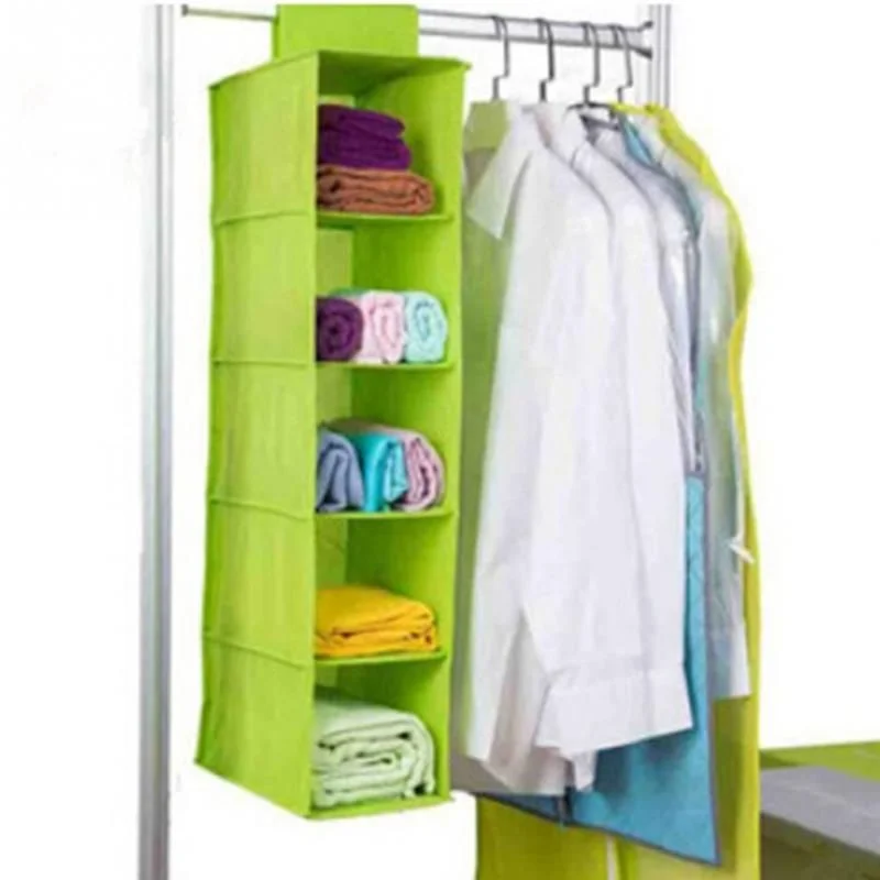 5 Shelf Clothes Hanging Organizer | Foldable Wardrobe Section Storage | Durable Fabric & Plastic
