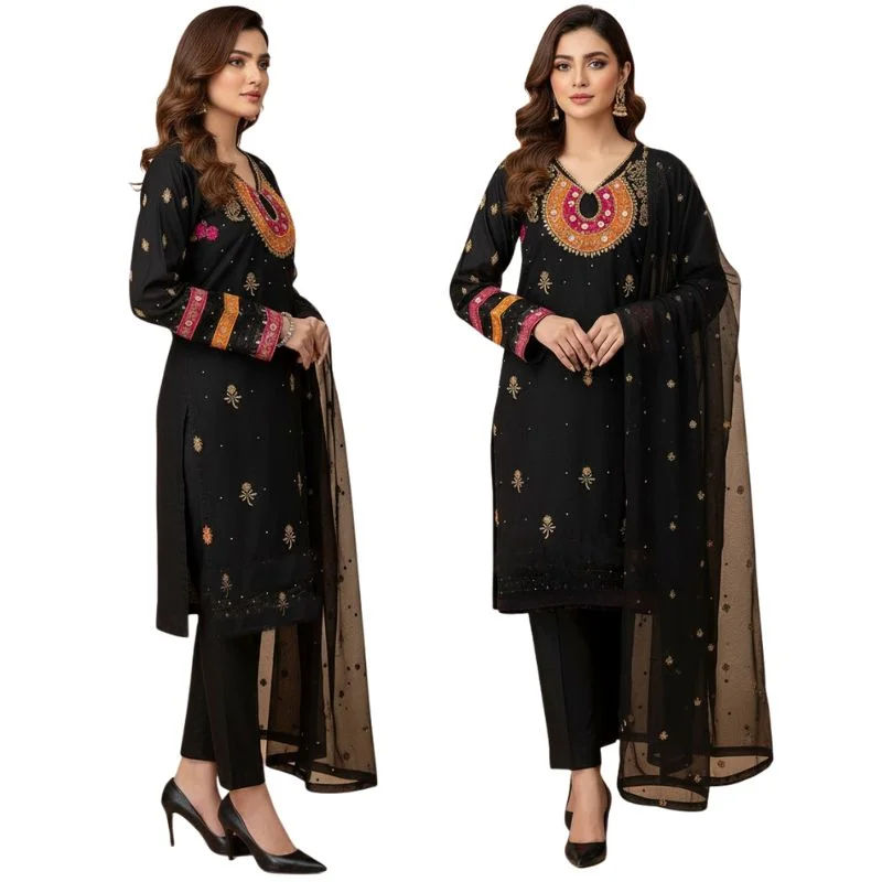 Organza 3-Piece Suit for Women | Unstitched Handmade Aari Zari & Beads Work - Image 2