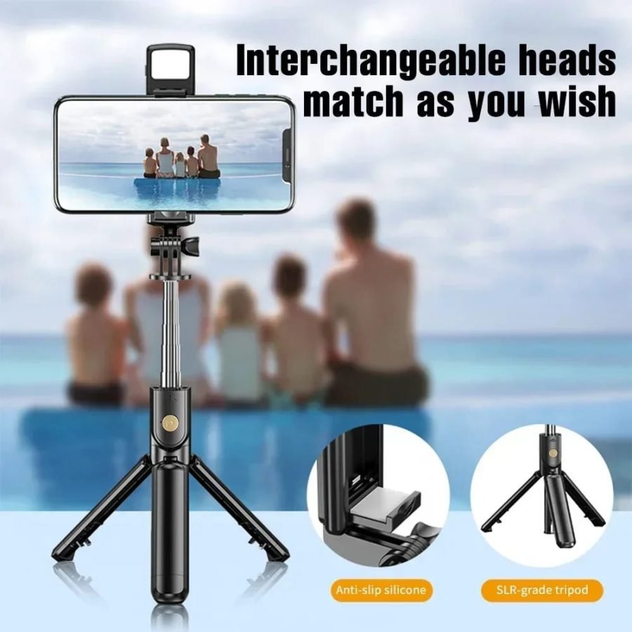R1s Bluetooth Selfie Stick Tripod with Remote | 360° Foldable Phone & Action Camera Stand with LED Light - Image 3