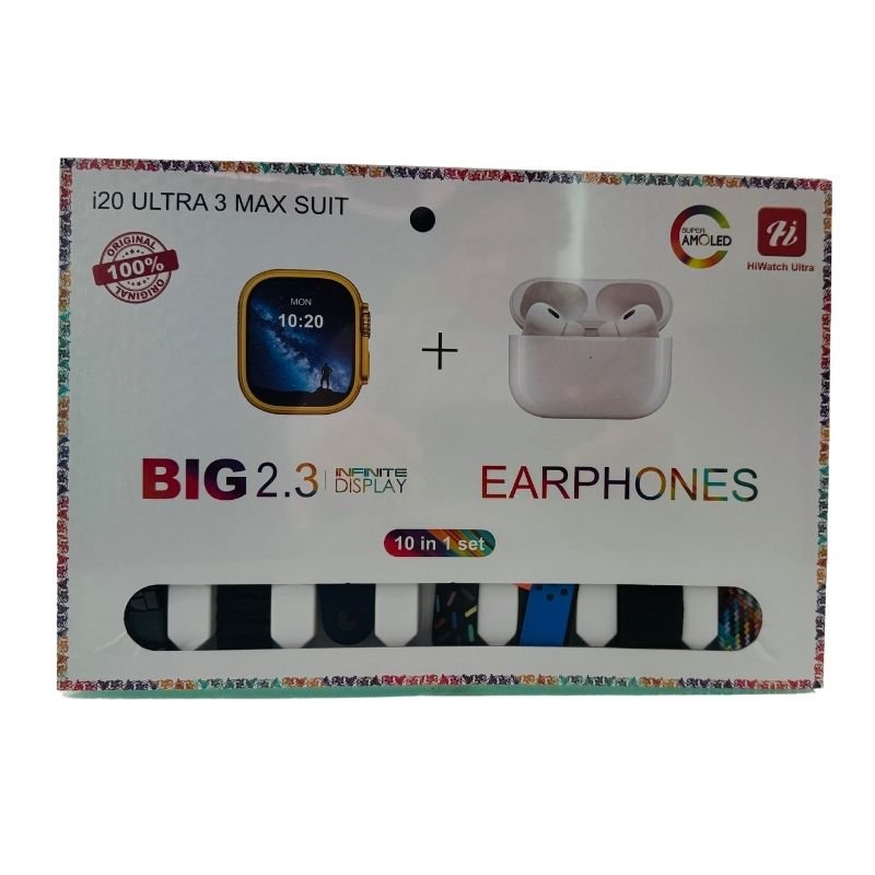 i20 Ultra Max Suit Smartwatch & Earbuds Combo | 10-in-1 Set with 7 Straps | Random Colors - Image 3